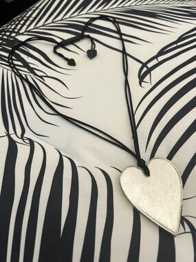 Long Black Cord Necklace / Large Pearlized Silver Colored Heart Pendant